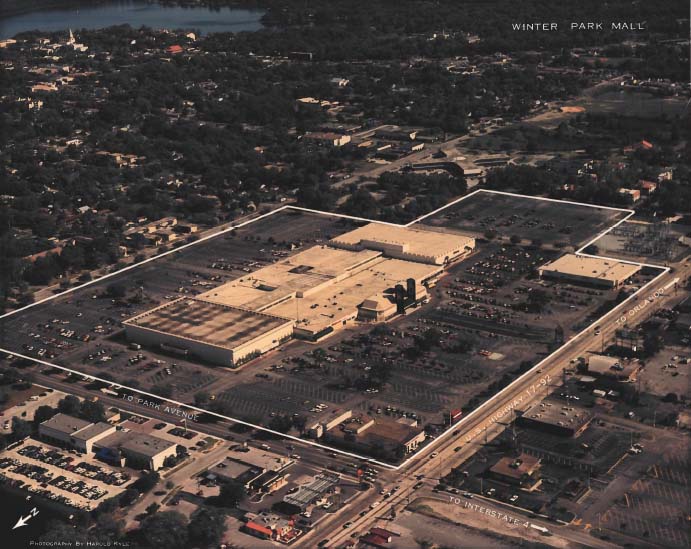 A yellowed, scanned image from above Winter Park Mall, including the parking lot and surrounding roads.